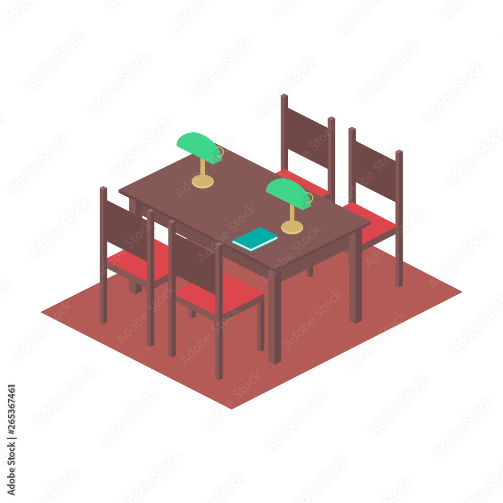 Library: table, chairs, lamps, book isometric illustration