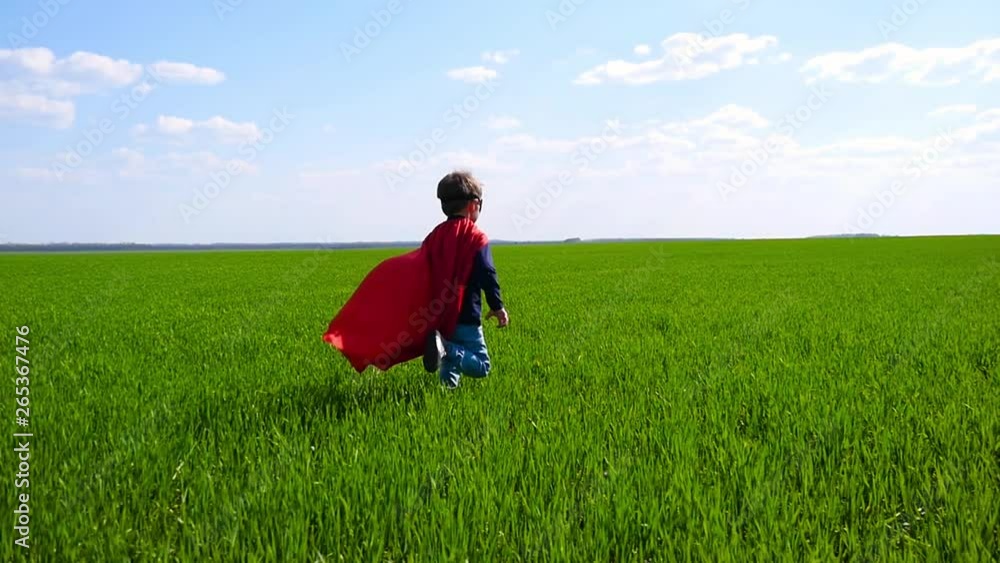 A happy child in a superhero costume in a red cape and in a mask runs on green grass on a sunny day A happy child in a superhero costume in a red cape and in a mask runs on green grass on a sunny day