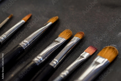 Set of makeup brushes lying on dark surface close