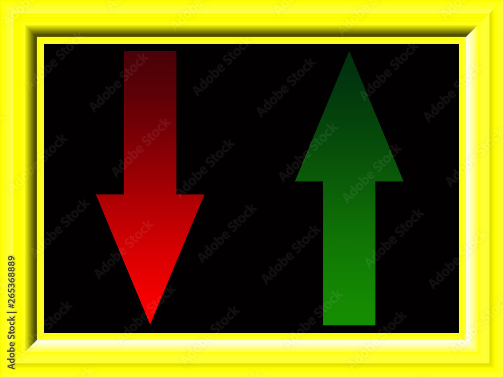 red and green arrows down and up in gradient colors with yellow frame on a black background red and green arrows down and up in gradient colors with yellow frame on a black background