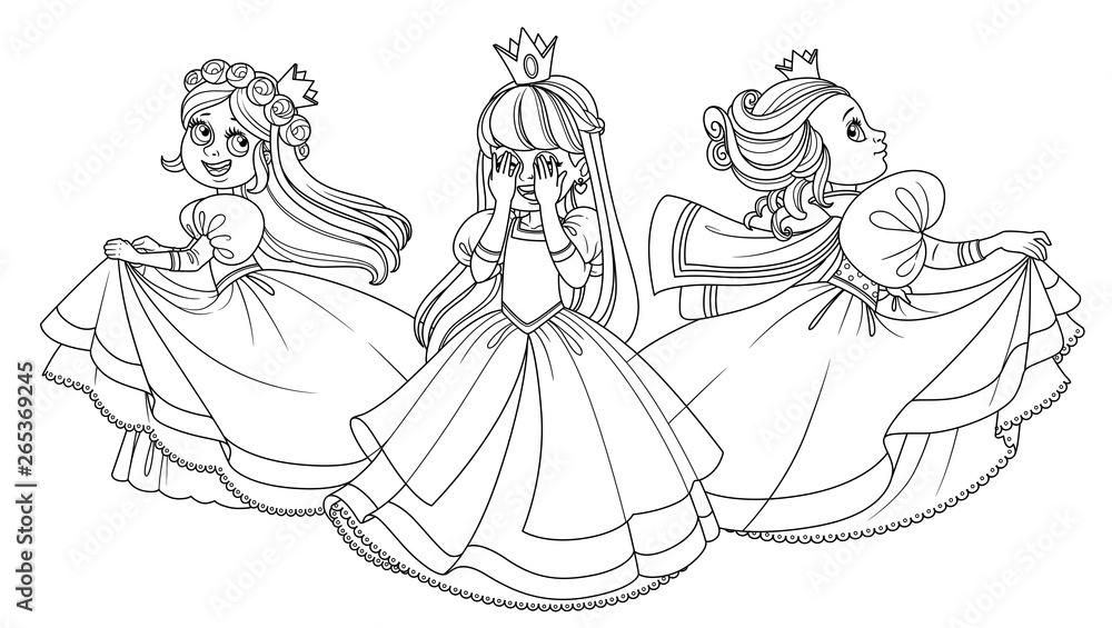 Three very cute princesses playing hide and seek outlined for coloring book isolated on white background