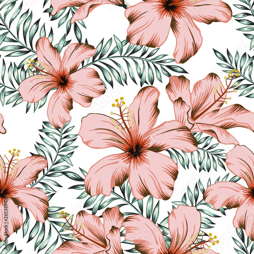 Tropical pink hibiscus flowers, palm leaves, white background. Vector seamless pattern. Jungle foliage illustration. Exotic plants. Summer beach floral design. Paradise nature