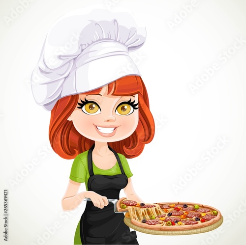 Cute brunette girl chef in black apron offers a taste of pizza isolated on white background