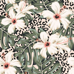 Fotobehang Hibiscus patronen Tropische hibiscus monstera roze panterprint  © ojardin