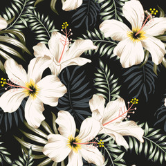 Fotobehang Hibiscus patronen Tropische hibiscus boeketten zwarte achtergrond  © ojardin