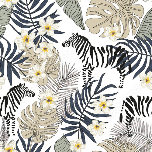 Tropical zebra animal, plumeria flowers, monstera palm leaves, white background. Vector seamless pattern illustration. Summer beach floral design. Exotic jungle plants. Paradise nature