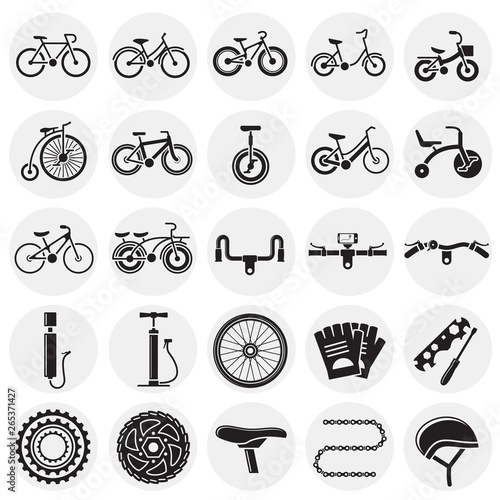 Bicycle related icons set on circles background for graphic and web design. Simple vector sign. Internet concept symbol for website button or mobile app.