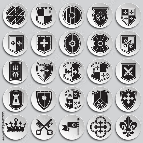 Shields and Heraldry related icons set on plates background for graphic and web design. Simple vector sign. Internet concept symbol for website button or mobile app.