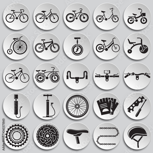 Bicycle related icons set on plates background for graphic and web design. Simple vector sign. Internet concept symbol for website button or mobile app.