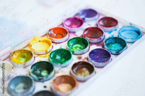 Palette with paints (watercolor) on the white background