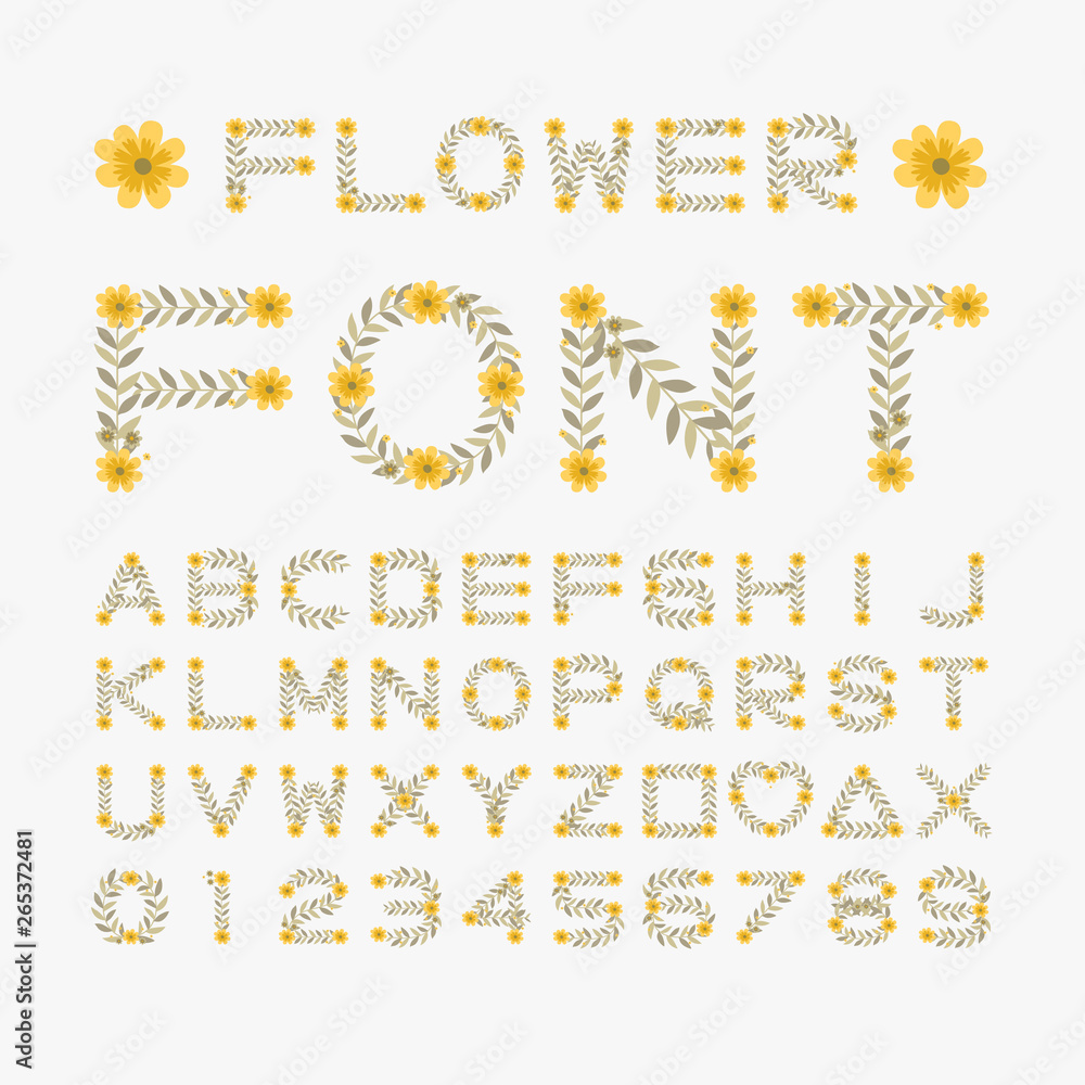 Isolated flower font alphabet character with number and symbol, Vector floral wreath ivy style with branch and leaves.