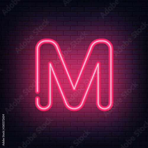 Glowing red neon letters. Realistic bright font on dark brick wall. Vector illustration of eps 10.