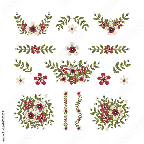 Isolated flower elements with branch and leaves. Vector bouquet and decorative object. Blooming floral material for graphic design.