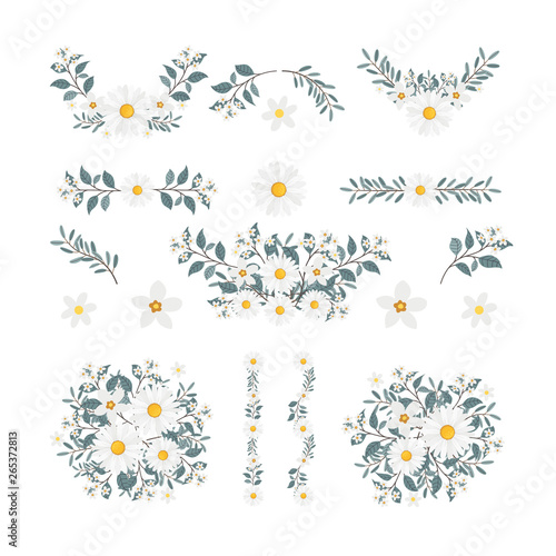 Isolated flower elements with branch and leaves. Vector bouquet and decorative object. Blooming floral material for graphic design.