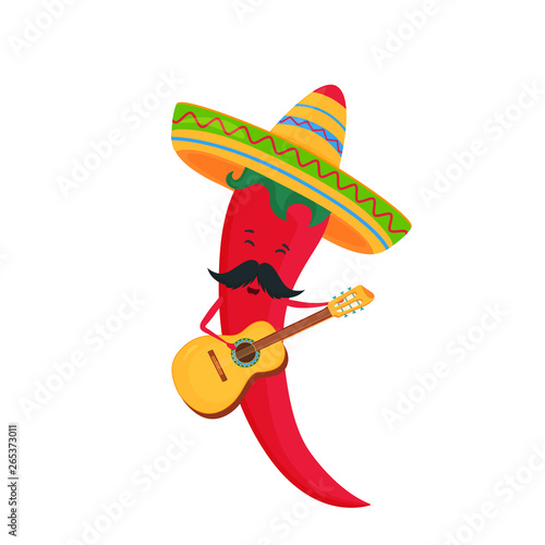 Cinco de Mayo. 5th of May. Funny cartoon chili in a sombrero playing guitar.