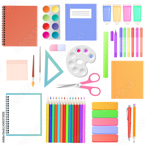 Stationery. A set of school supplies for students. Art materials for children's creativity.