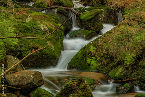 Big spring water on nice creek in spring day in Krusne mountains