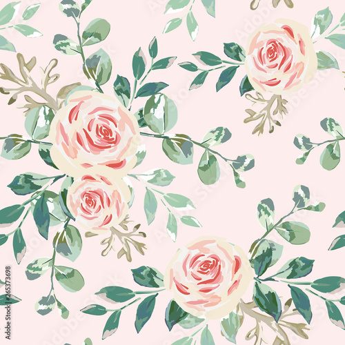 Pink roses, green leaves bouquets, blush background. Vector floral illustration. Seamless pattern. Romantic garden flowers. Summer nature