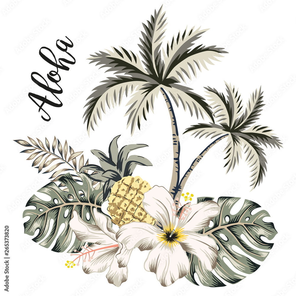 Obraz premium Tropical palm trees, monstera leaves, pineapple fruit, hibiscus flowers bouquet, text Aloha, white background. Print for t shirt, card, poster. Vector illustration. Summer beach floral design