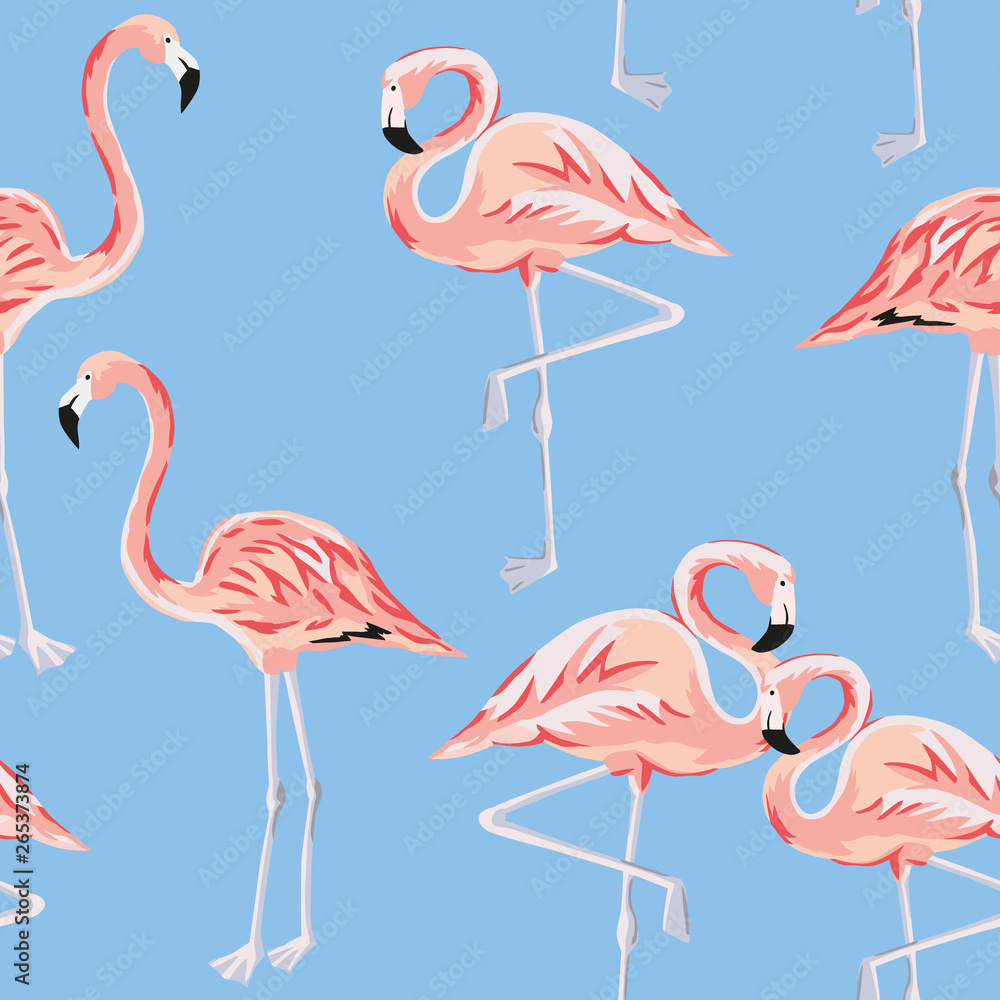 Obraz premium Pink flamingo, blue background. Vector seamless pattern. Tropical illustration. Exotic birds. Summer beach design. Paradise nature