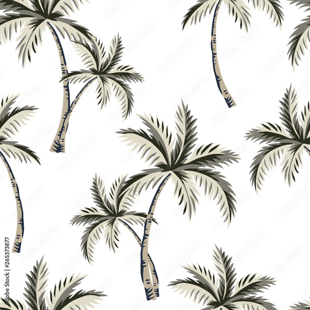 Tropical palm trees, white background. Vector seamless pattern. Vintage illustration. Exotic jungle. Summer beach design. Paradise nature