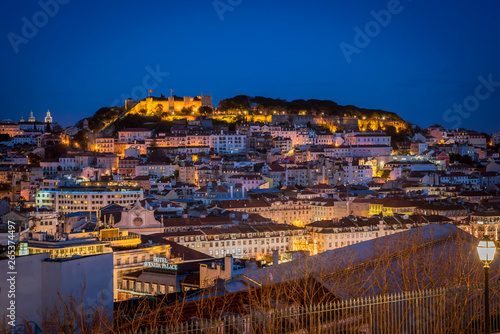 View Of The City Of Lisbon From Miradouro De Sao Pedro De Alcantara At Night; Lisbon, Portugal