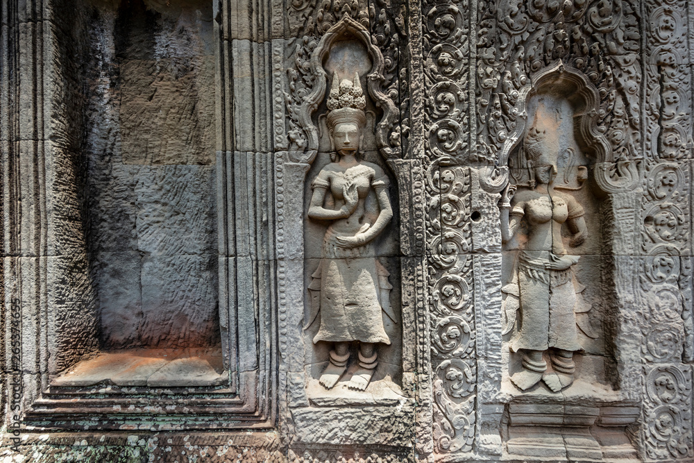 Bas relief sculptures at the Ta Prohm temple, Siem Reap, Cambodia