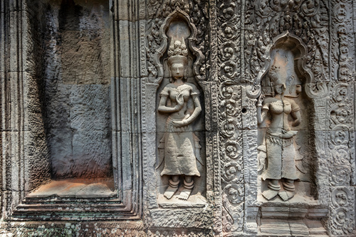 Bas relief sculptures at the Ta Prohm temple, Siem Reap, Cambodia