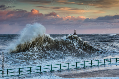 Rising Sea During Winter Storms Off The North East Coast Of England; Sunderland, Tyne And Wear, England