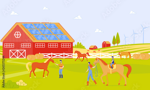 Parents and Children on Horse Farm Cartoon Flat.