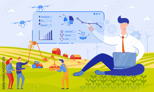 Vector Illustration Use Drones on Farm Cartoon.