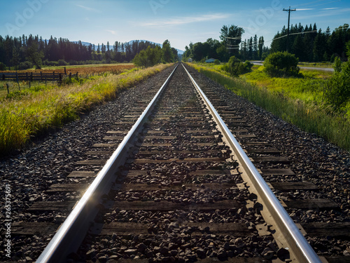 Close-up of train tracks with the Rocky mountains in the distance; Fernie, British Columbia, Canada