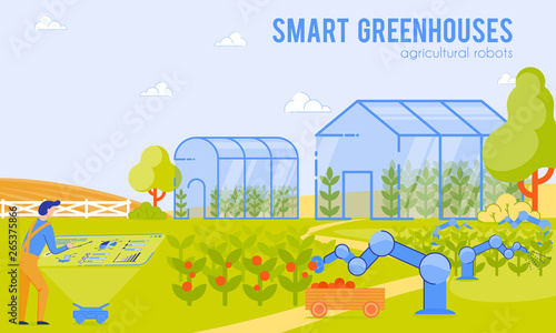 Smart Greenhouses Agricultural Robots Cartoon.