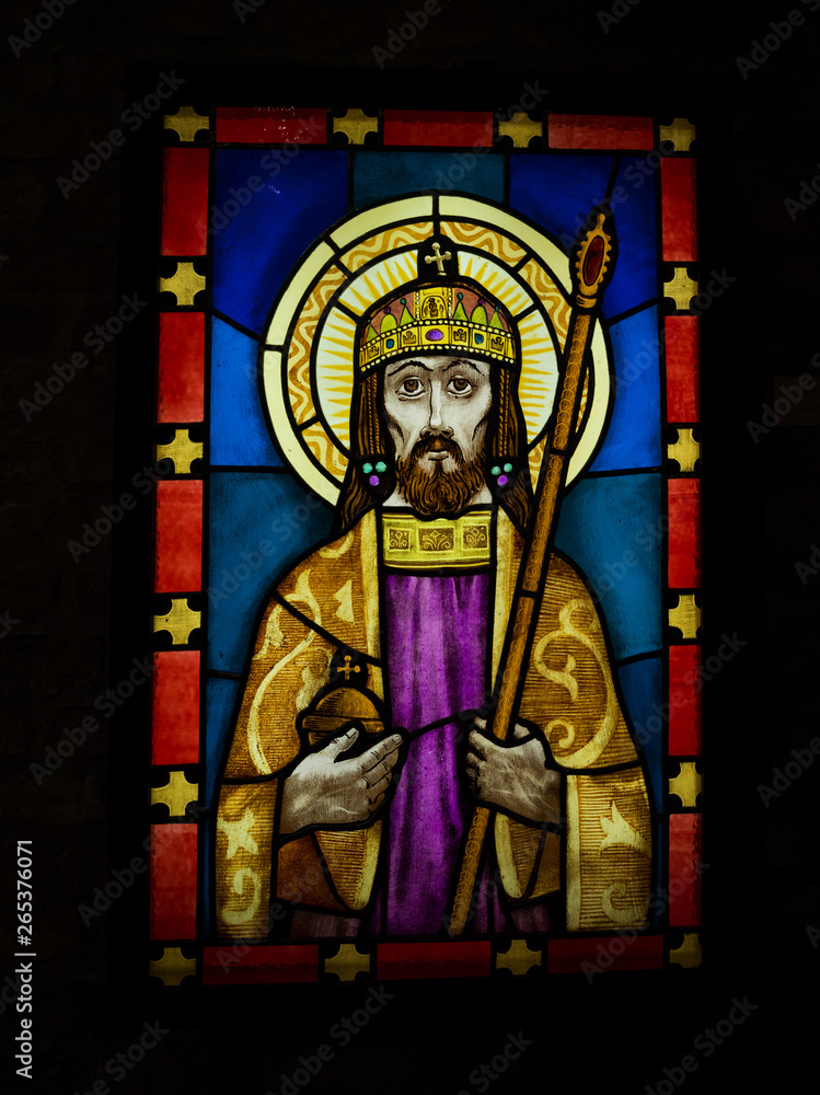 Stained glass window of a religious figure in St. Stephen's Basilica; Budapest, Budapest, Hungary Stained glass window of a religious figure in St. Stephen's Basilica; Budapest, Budapest, Hungary