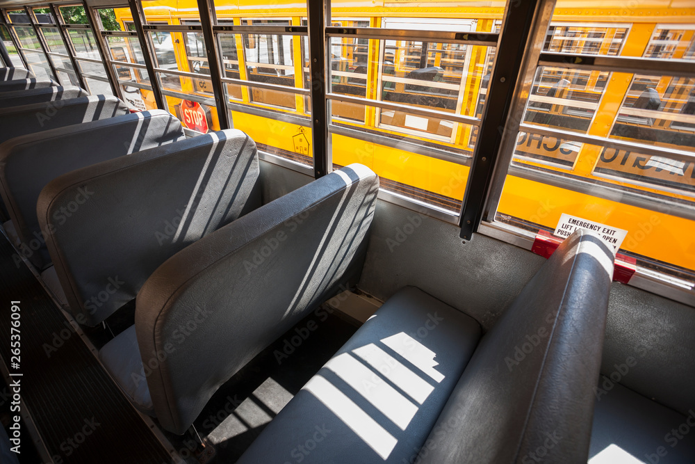 Empty seats in a school bus; Connecticut, United States of America