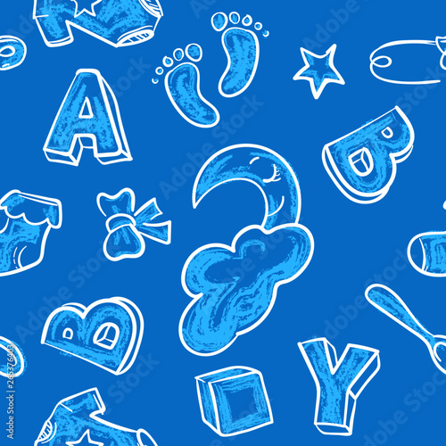 Blue chalk pattern set of doodle sketch illustration of baby vector symbols for baby shower invitation