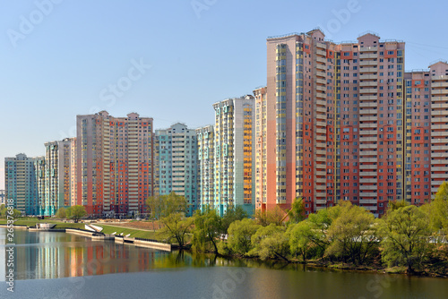 Spring landscape. New moderny comfortable residential area on banks of Moscow River