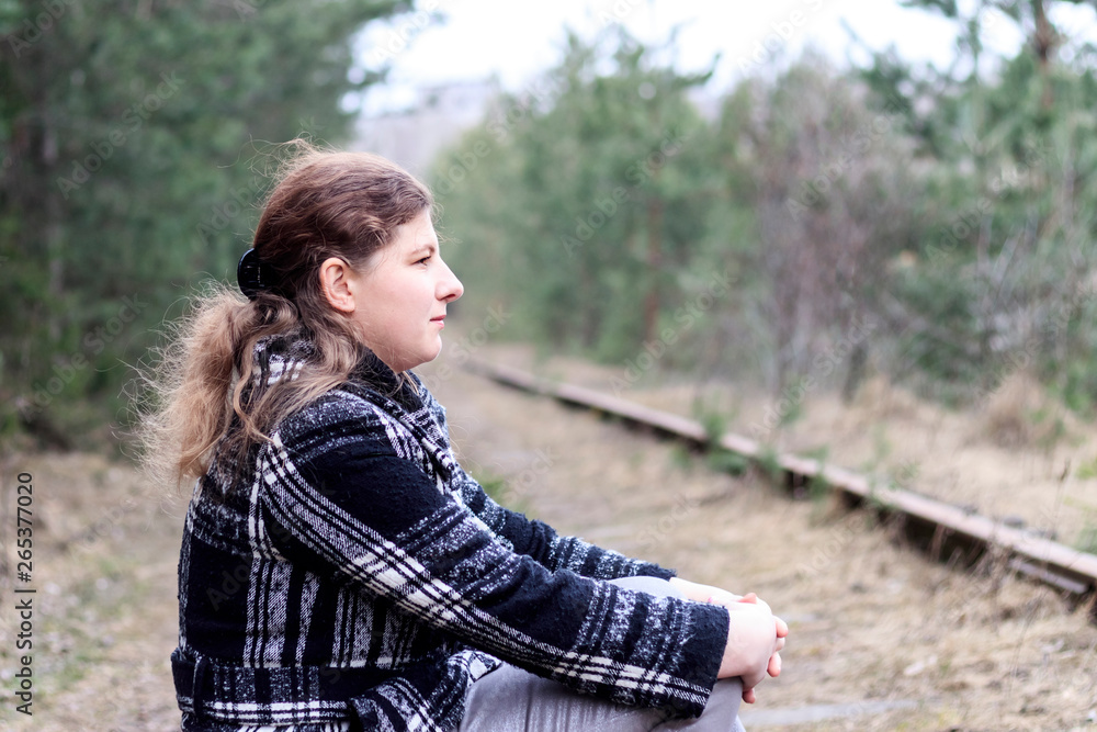 girl. Railway. Spring. she walks along the paths. have toning girl. Railway. Spring. she walks along the paths. have toning