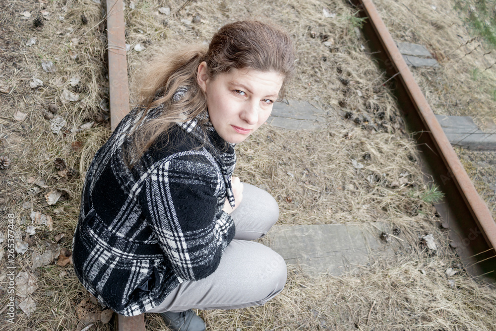 girl. Railway. Spring. she walks along the paths. have toning girl. Railway. Spring. she walks along the paths. have toning