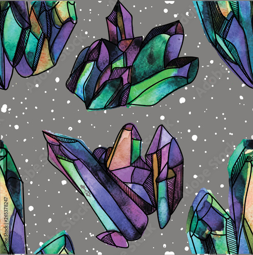 Crystals. Seamless pattern. Drawing by hand in vintage style. Texture of watercolor paint. Multicolored, bright drawing. Jewels, precious stones.