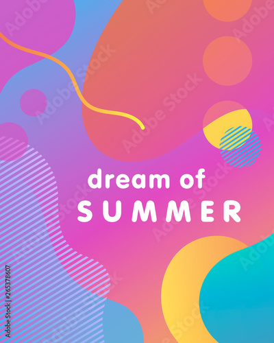 Unique artistic design card - enjoy the summer with gradient background,shapes and geometric elements in memphis style.Bright poster perfect for prints,flyers,banners,invitations and more.