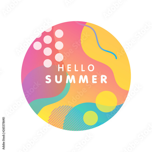 Unique artistic design card - hello summer with bright gradient background,shapes and geometric elements in memphis style.Bright poster perfect for prints,flyers,banners,invitations and more.
