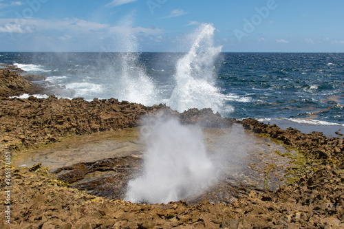 Water is spraying up both on the coast and in the blowhole
