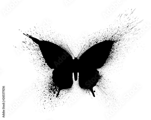 Naklejka Czarna sylwetka motyla z plamami farby i plamami, na białym tle.