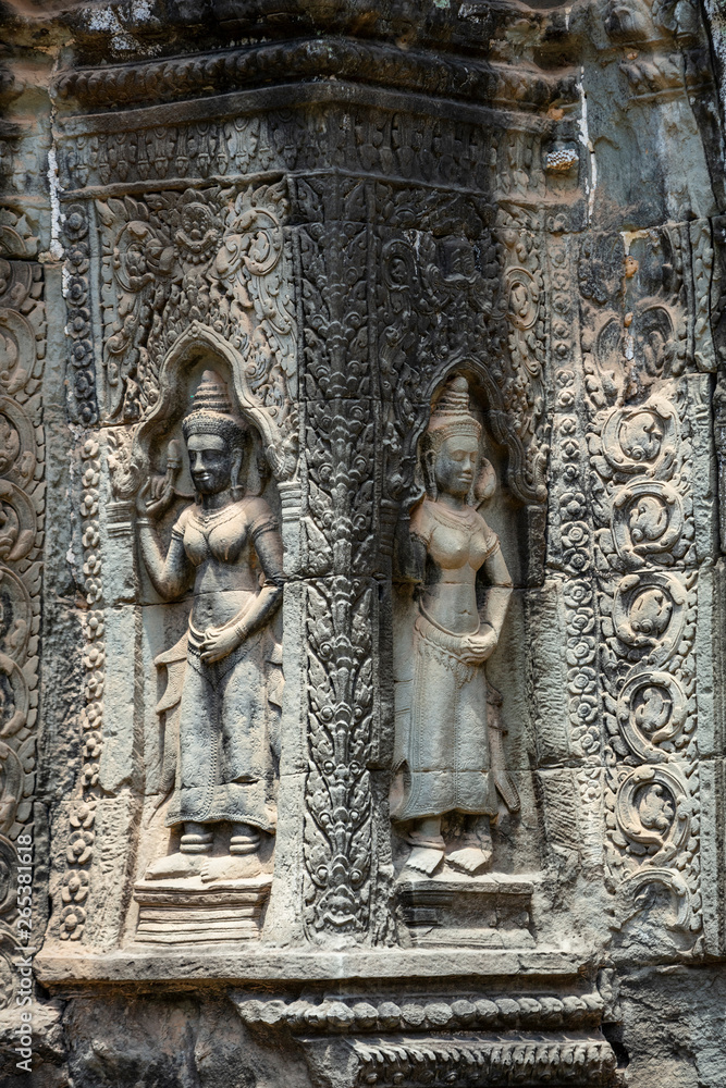 Bas relief sculptures at the Ta Prohm temple, Siem Reap, Cambodia