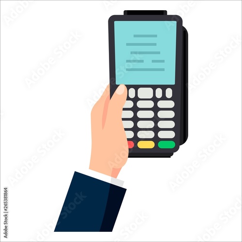 Vector illustration hand entering pin code on credit card, POS or a PDQ terminal in flat style. Payment terminal - a finger entering the PIN code