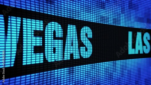 LAS VEGAS side Text Scrolling on Light Blue Digital LED Display Board Pixel Light Screen Looped Animation 4K Background. Sign Board , Blinking Light, Pixel Monitor . LED Wall Pannel