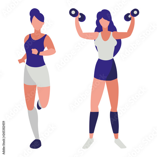 athletic women running and weight lifting