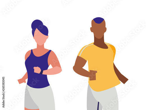 athletic afro man and woman running characters