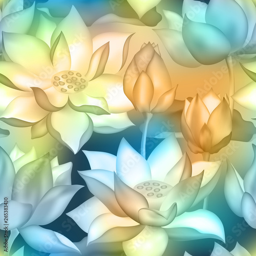 Lotus buds and flowers seamless textile print., Water lilly nelumbo aquatic plant illustration.